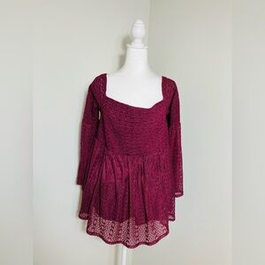 Torrid Lace Blouse Sz 2XL Burgundy Sheer Long Sleeves Smocked Babydoll‎